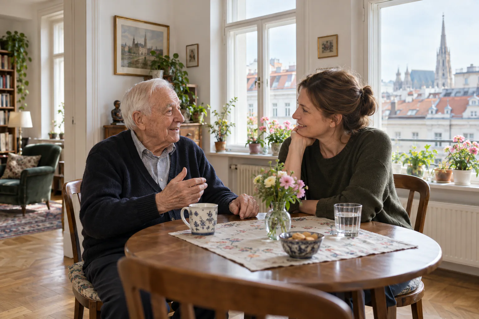 Älterer Mann und Tochter sprechen am Tisch einer Wiener Wohnung