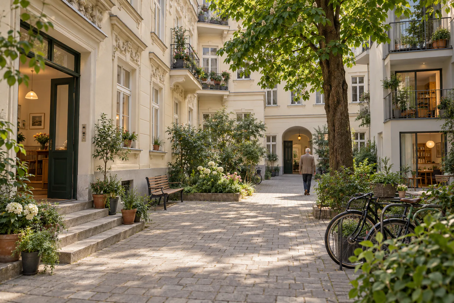 Begrünter Wiener Wohninnenhof mit Altbau und neuerem Gebäudeteil